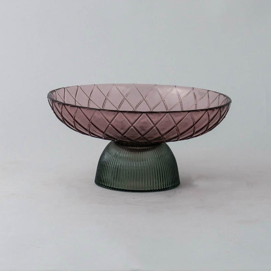 Smoky brown glass bowl with diamond texture and ribbed base displayed on white background for elegant modern decor styling.