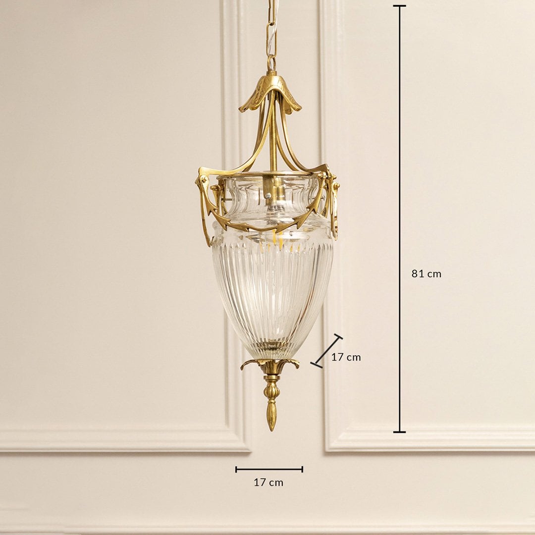 Dimension image of clear ribbed glass and antique brass pendant light showing 81 cm height and 17 cm width.