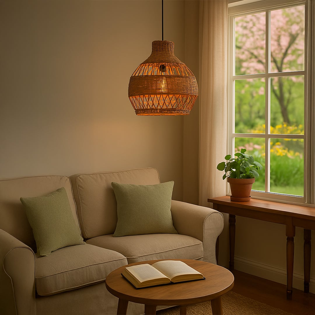 Handwoven rattan pendant light adding a warm rustic touch to dining or living spaces with natural earthy tones.