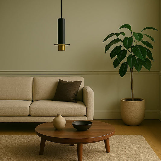 Stylish black and gold metal pendant light hanging in modern interior setting creating a warm elegant lifestyle look