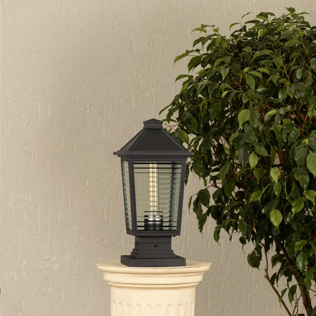 Modern black outdoor gate light styled beside green plants for elegant exterior decor ambiance.