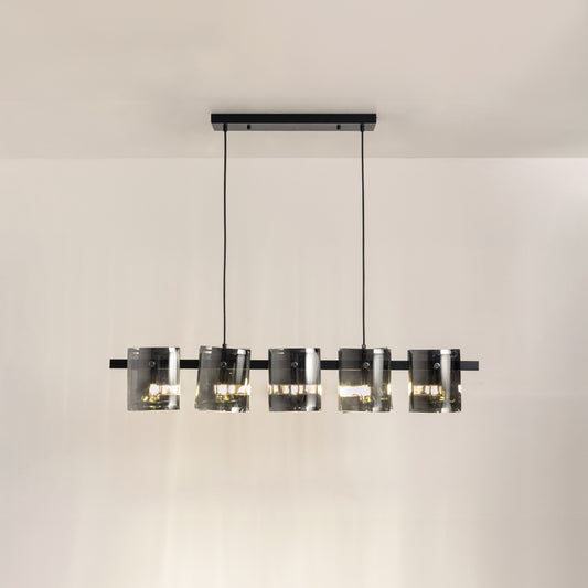 Black metal linear chandelier with smoked glass shades and integrated lighting creating sophisticated modern ceiling illumination.