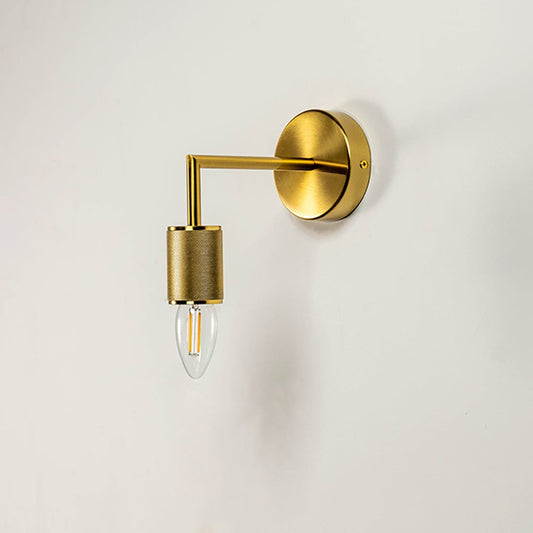 Gold wall light with cylindrical metal design displayed off on white background ideal for modern and classic decor.