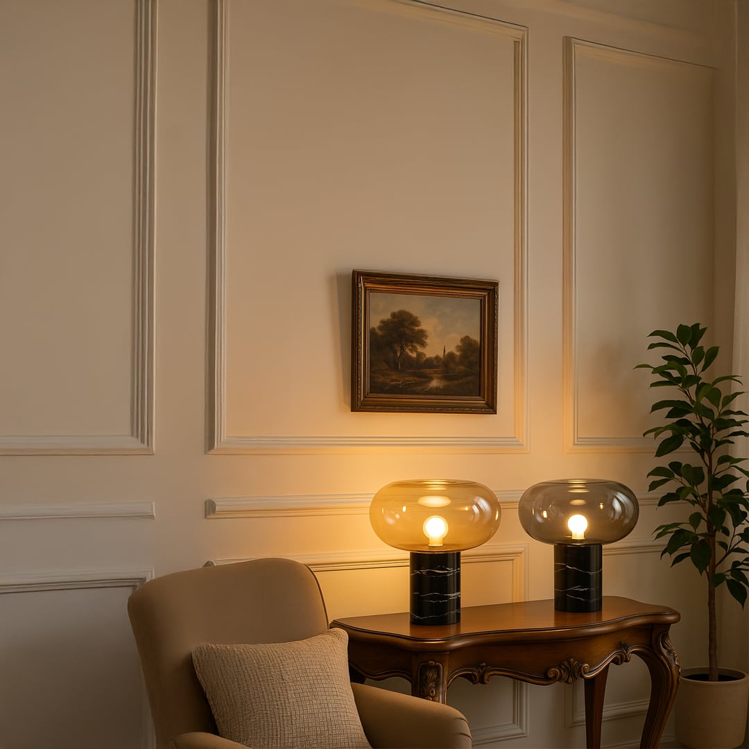Set of illuminated smoked glass table lamps with black marble bases glowing softly on white background creating an elegant modern atmosphere.