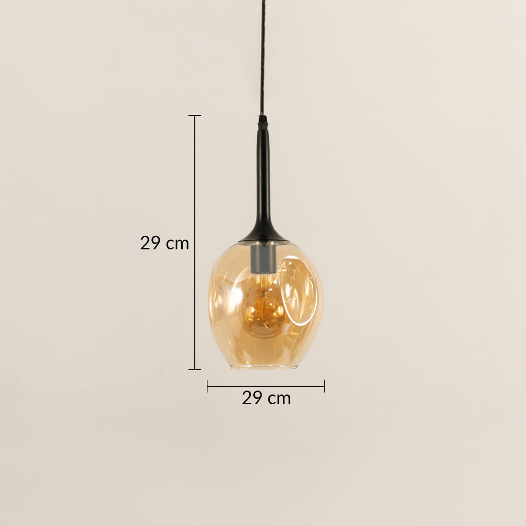 Amber glass pendant light with size 29cm x 29cm shown on white background with measurements.