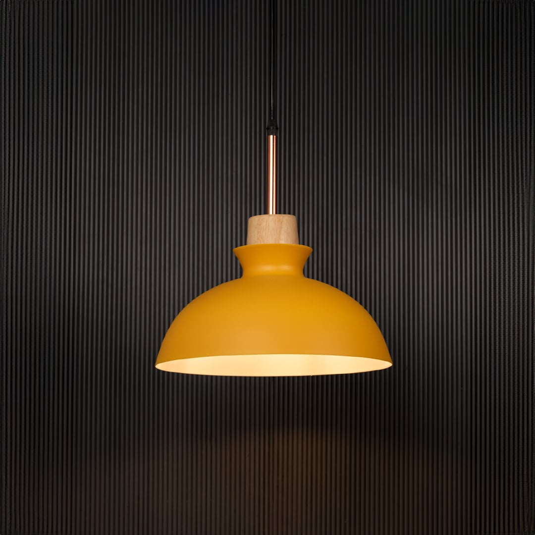 Dome Pendant Lamp Yellow Light On Black Background