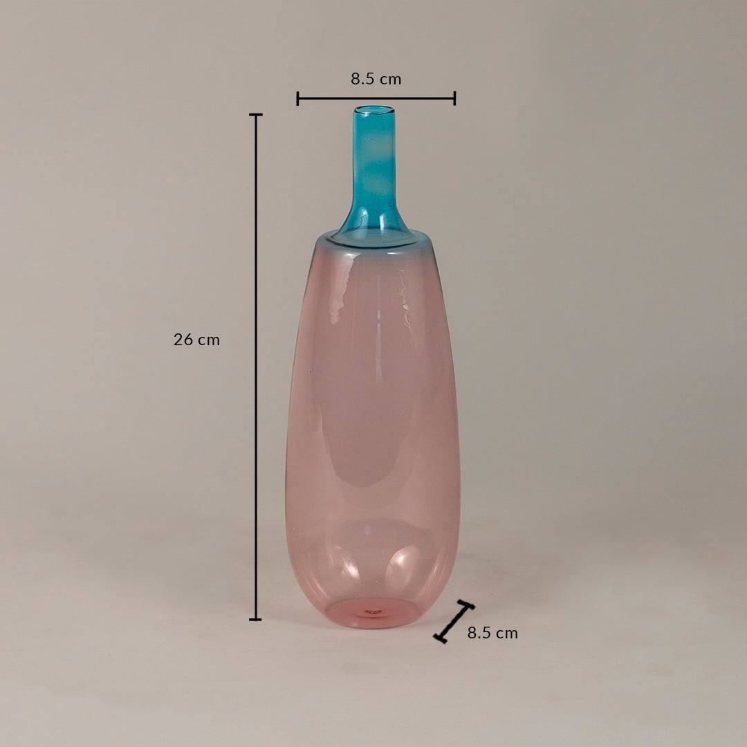 Pink and blue glass vase with 26 cm height and 8.5 cm width perfect for tabletop and shelf decoration.