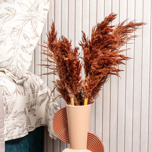 Closeup view of dried floral stems in burnt orange tones arranged in vase highlighting feathery texture and autumn decor styling.