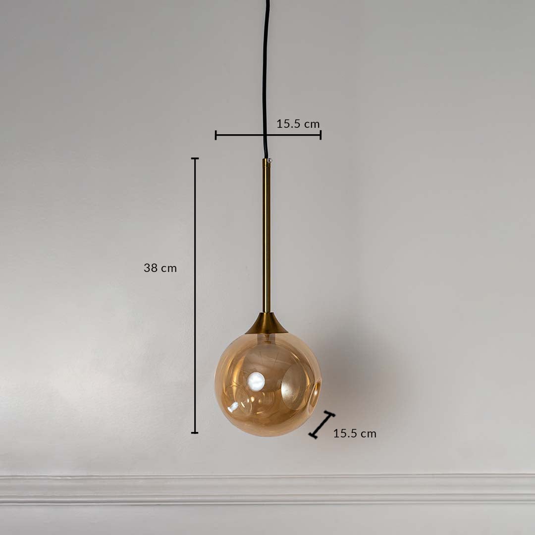 Amber glass globe pendant lamp with brass rod showing 38cm height and 15.5cm width for accurate size measurement.