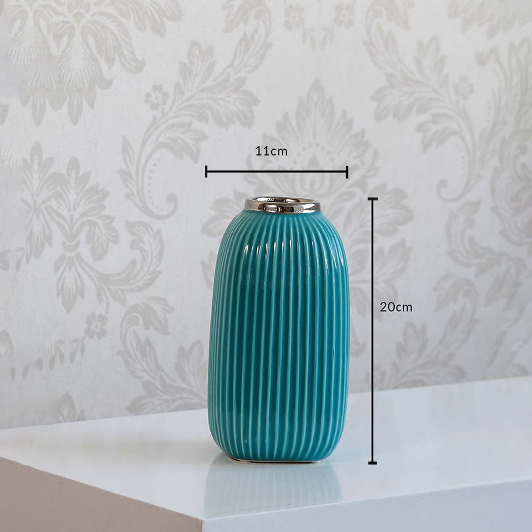 Teal ceramic ribbed vase showing 20 cm height and 11 cm opening dimensions ideal for console table or shelf decor dimension view.