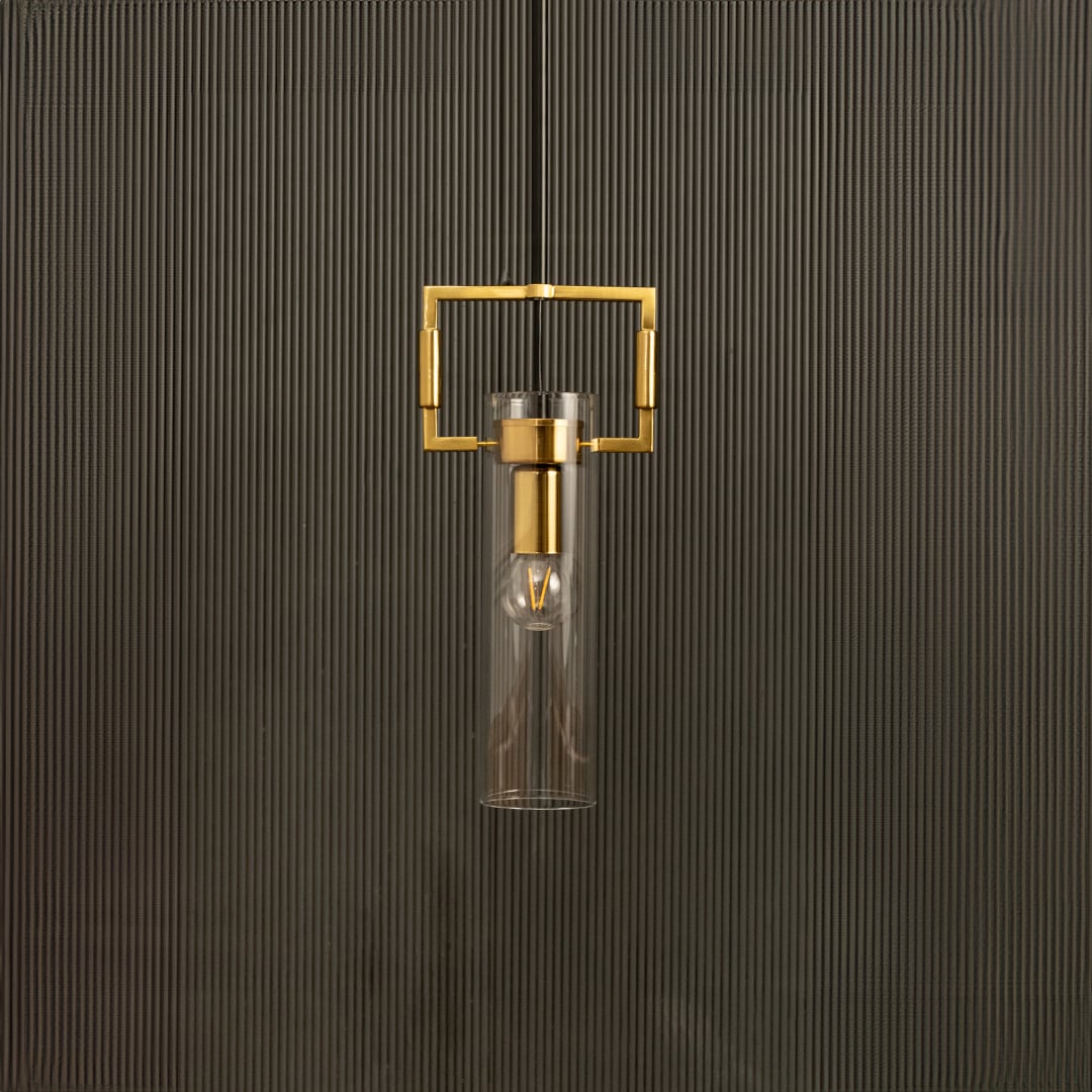 A modern gold geometric pendant light with a square frame ideal for LED chandelier lighting and luxury interior décor in refined contemporary spaces.