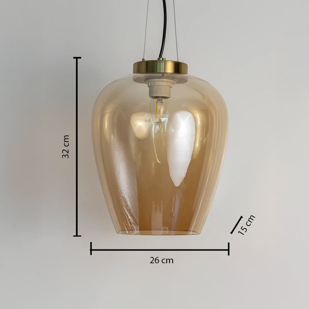 Amber glass pendant light measuring 26 cm wide and 32 cm tall featuring a brass mount and sleek glass body.