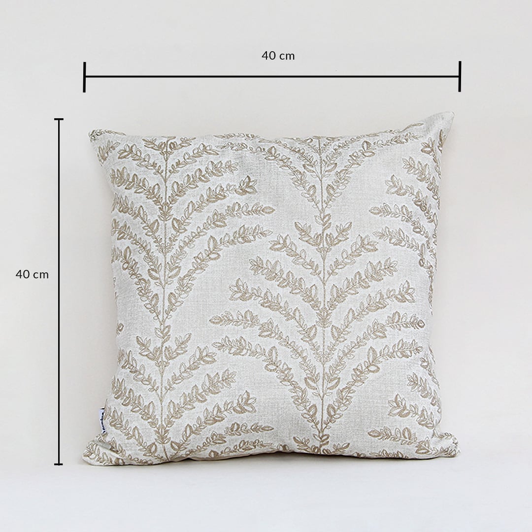 Beige embroidered cushion measuring 40 cm by 40 cm shown with clear size markings on a clean white background.