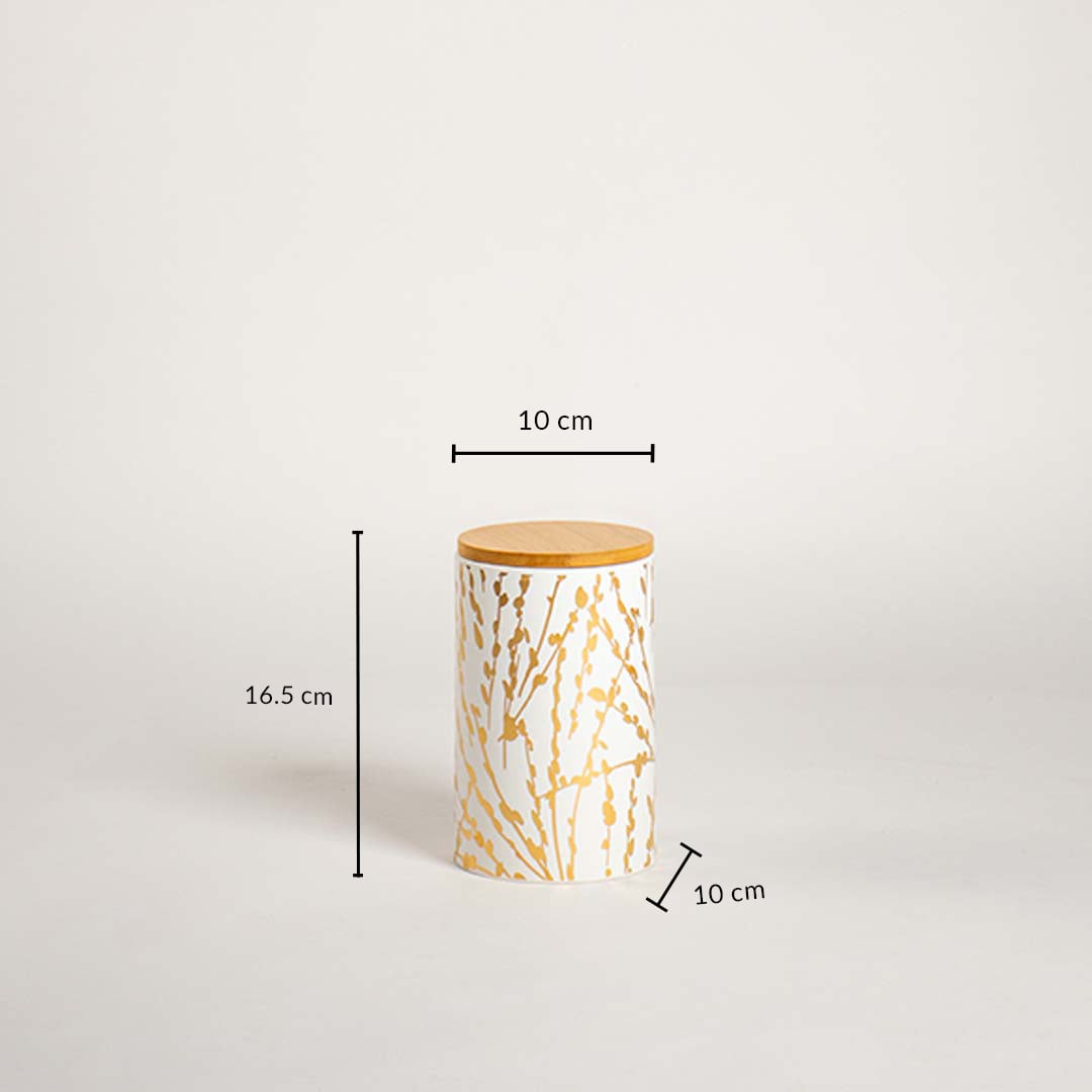 Ceramic jar with golden botanical design shown with dimensions 16.5 cm height 10 cm width and 10 cm depth against a clean white backdrop.
