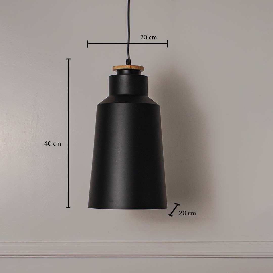 Black pendant ceiling light with 40cm height and 20cm width matte finish metal shade and wooden top accent.
