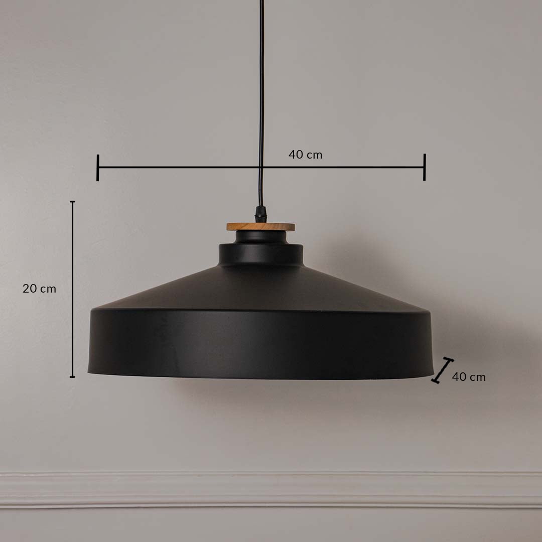 Black metal dome pendant light showing 45 cm width 18 cm height and 7 cm canopy size suitable for dining kitchen ceiling placement.