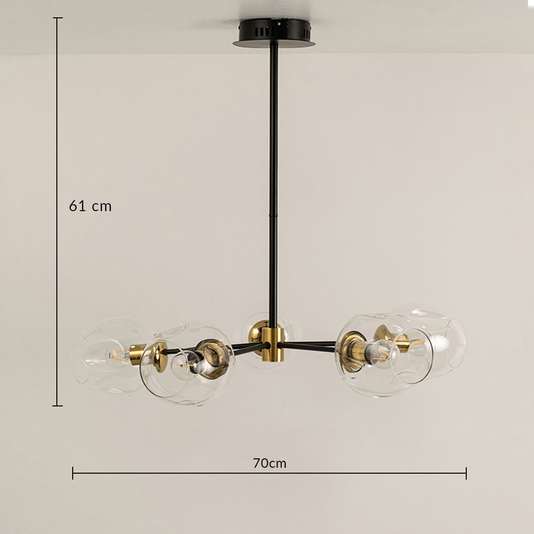 Designer black and gold chandelier showing 61 cm height and 70 cm width ideal for dining rooms kitchens and luxury home interiors.