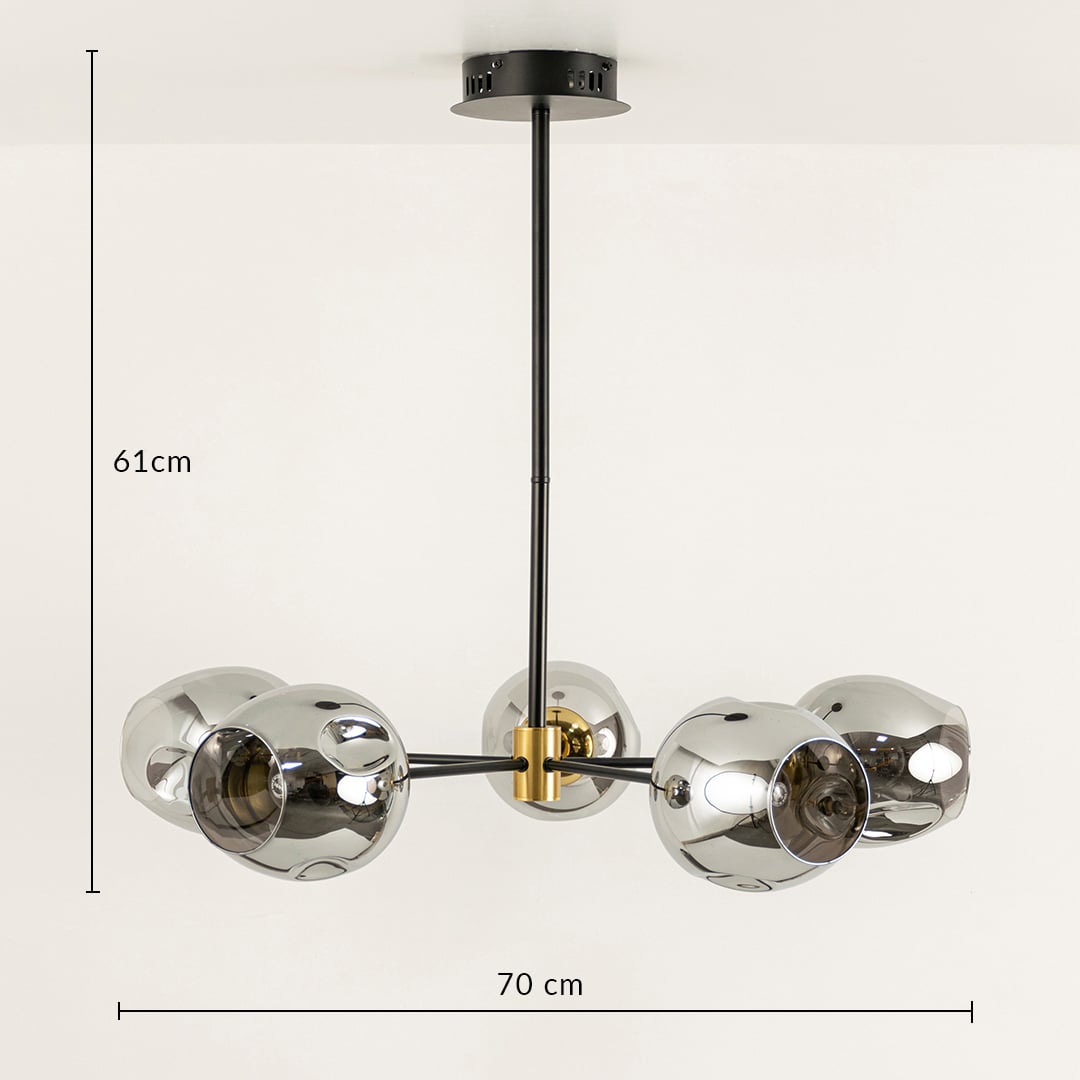 Designer smoked glass chandelier showing 61 cm height and 70 cm width ideal for luxury dining rooms and modern home interiors.