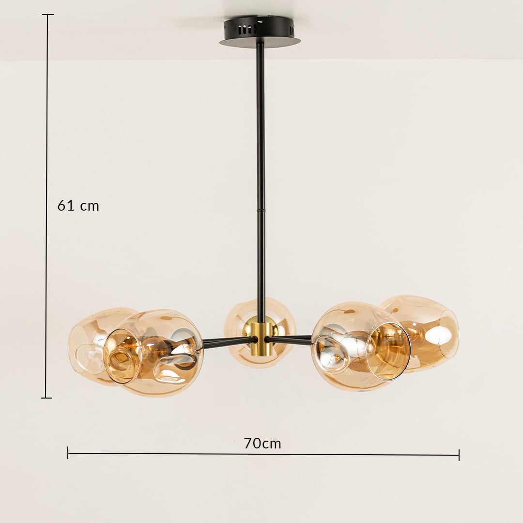 Designer gold glass chandelier showing 61 cm height and 70 cm width ideal for dining rooms kitchens and elegant interior spaces.