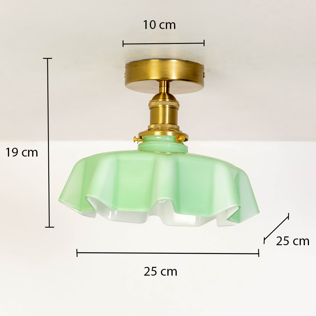 Ceiling light with mint green ruffled shade shown with dimensions 19 cm height and 25 cm width.