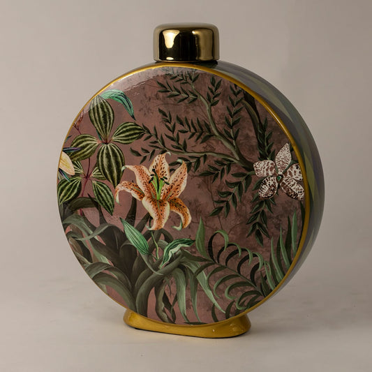 Side view of Botanical Bloom ceramic jar displaying its curved body botanical art pattern and metallic gold highlights.