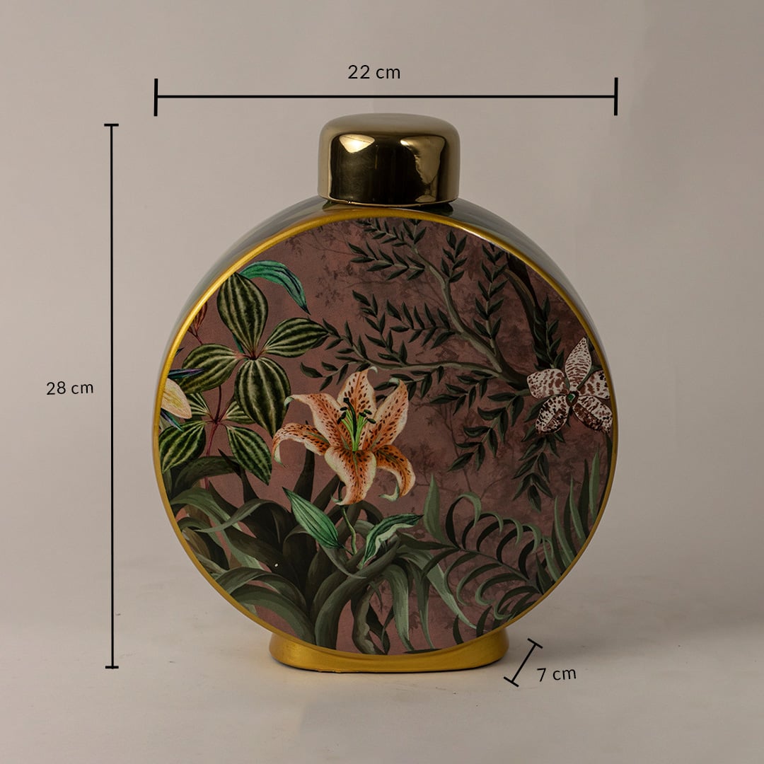 Botanical Bloom ceramic jar with 28 cm height 22 cm width and 7 cm depth featuring lush floral art and metallic gold finish.