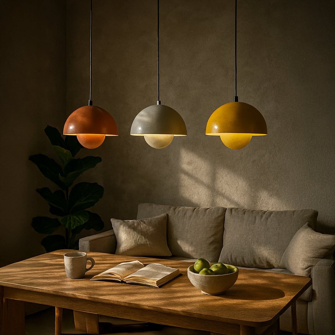 Set of dome pendant lights in terracotta orange grey and mustard shades hanging above a wooden table with a cozy sofa in the background.