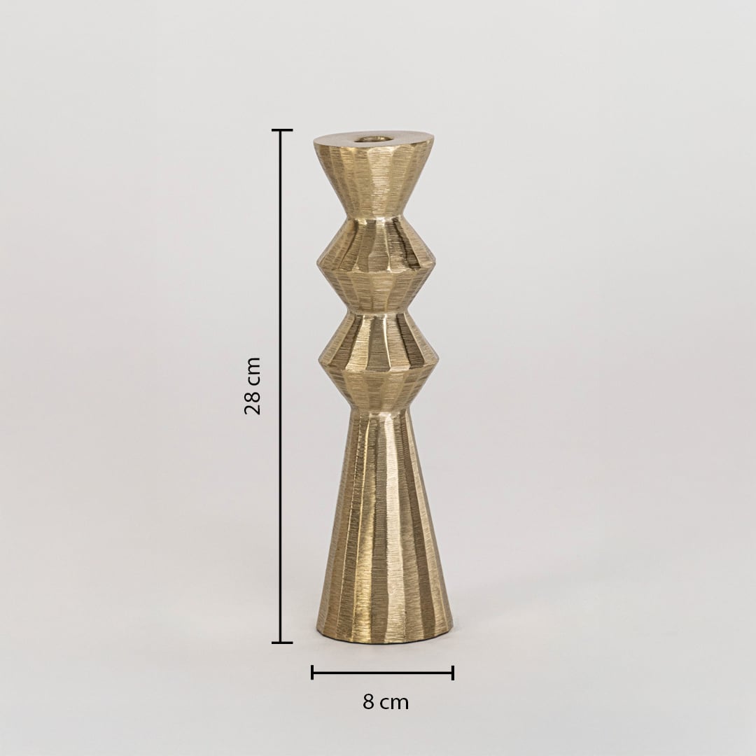 Gold metal candle holder measuring 28 cm height and 8 cm width shown on white background for elegant home decor.