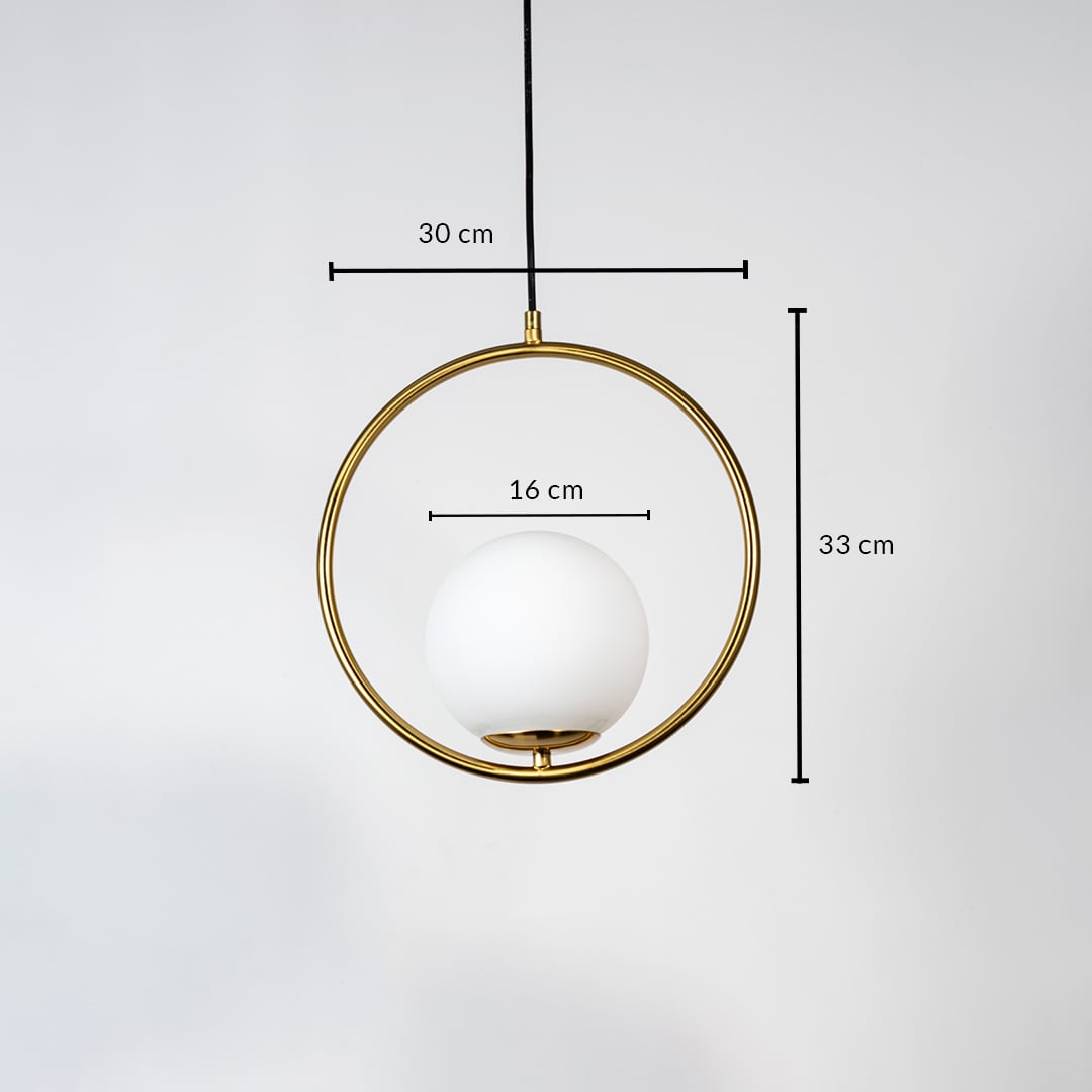 A circular pendant lamp displayed on a white background showing its measurements clearly marked as 30 cm width 33 cm height and 16 cm globe diameter for accurate size reference.