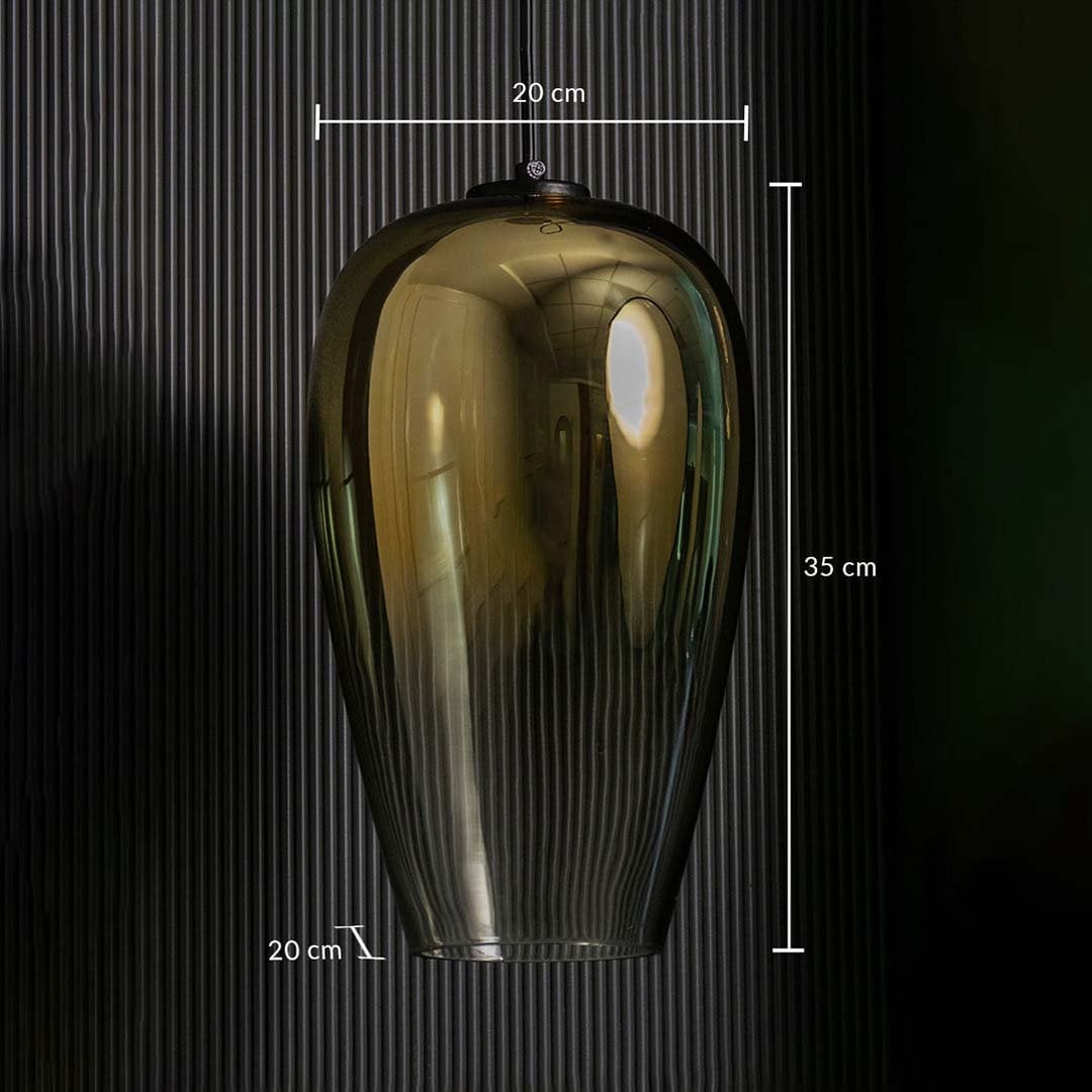 An amber glass pendant light with clear size details measuring 35 cm height and 20 cm width and 20 cm depth for accurate placement.
