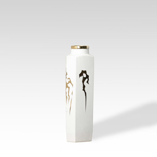 Tall white ceramic jar with gold horse artwork perfect for luxury décor styling and contemporary living room accents.