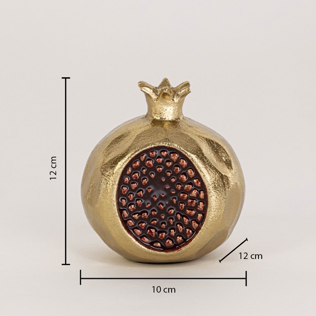 Gold pomegranate decorative accent on a white background with dimensions showing 12 cm height 10 cm width and 12 cm depth