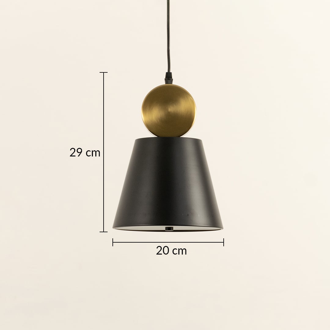 Pendant light measuring 29 cm in height and 20 cm in width featuring a metal tapered shade and spherical metal accent suitable for modern interior home lighting.
