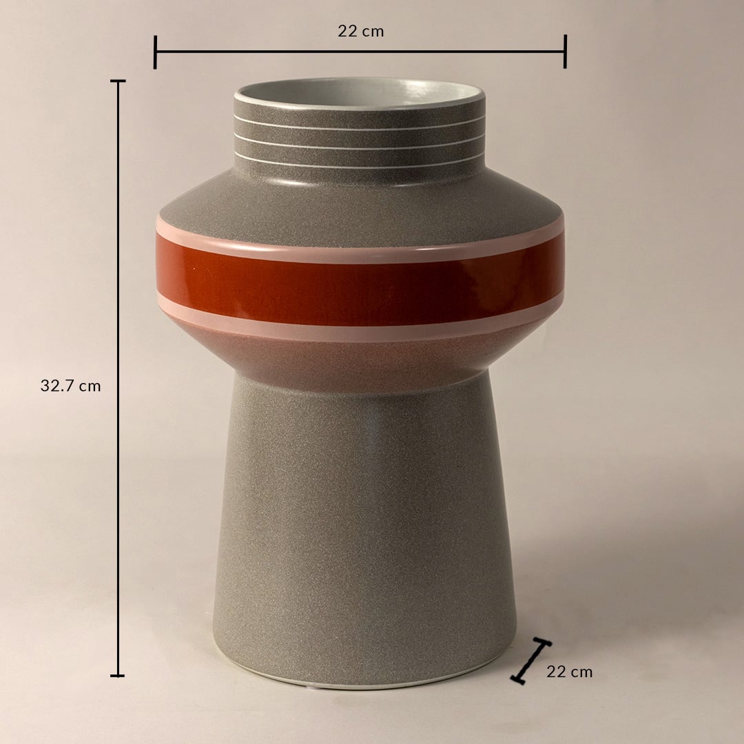 Grey ceramic vase with red and pink glossy stripe shown with 32.7 cm height and 22 cm diameter for modern home styling.
