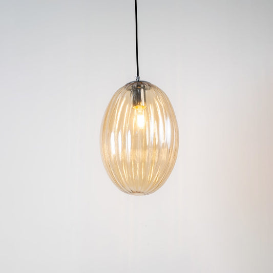 Pendant light turned on against a clean white background showing its warm illumination and highlighting its shape and detailing clearly.