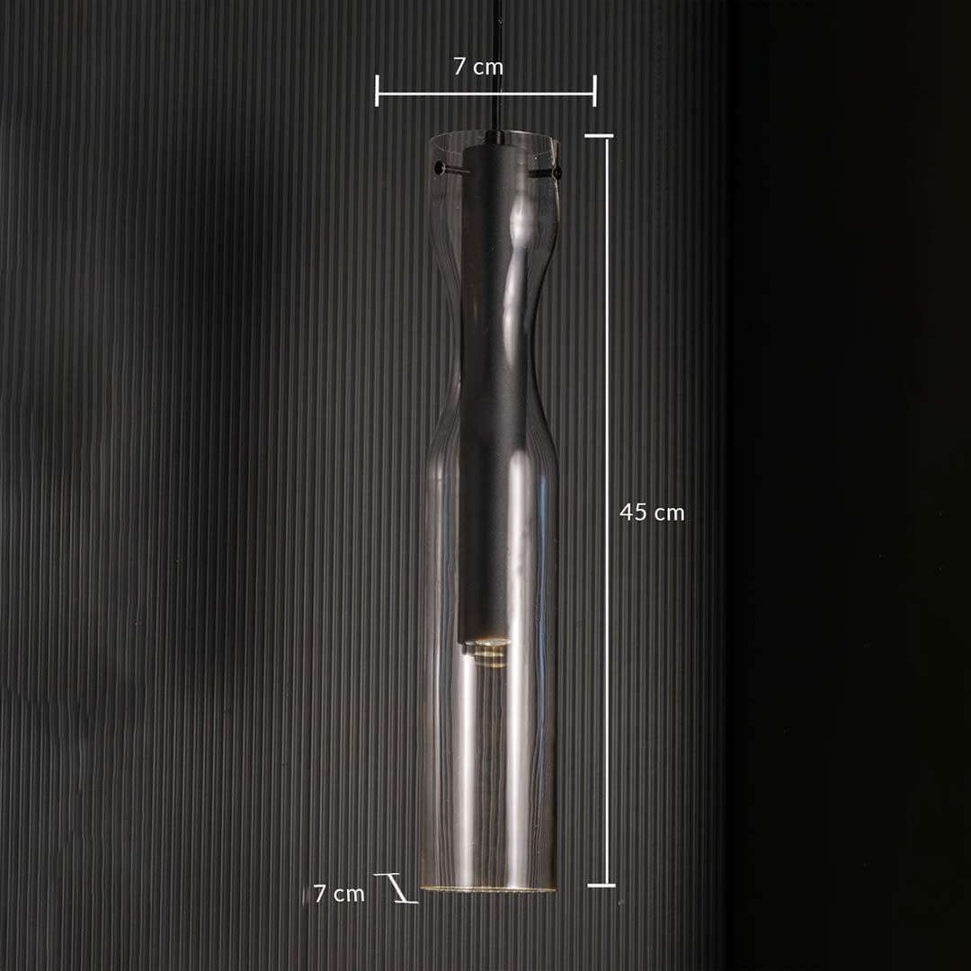 Pendant light measuring 45 cm in height with a 7 cm top width and a 7 cm bottom width shown against a dark ribbed background.