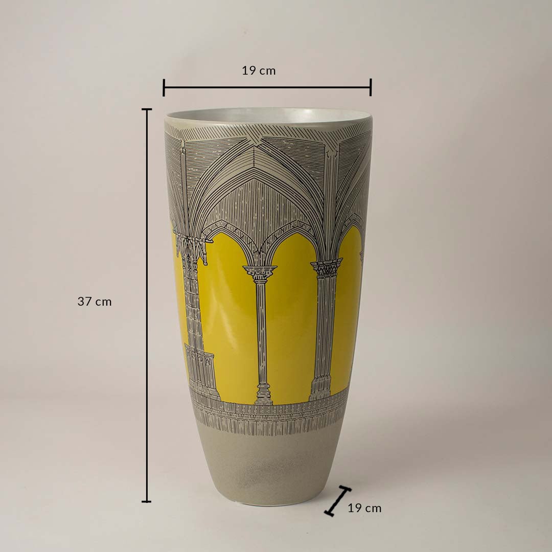 Yellow and grey ceramic vase with arch design showing 37 cm height and 19 cm width on white background dimension view