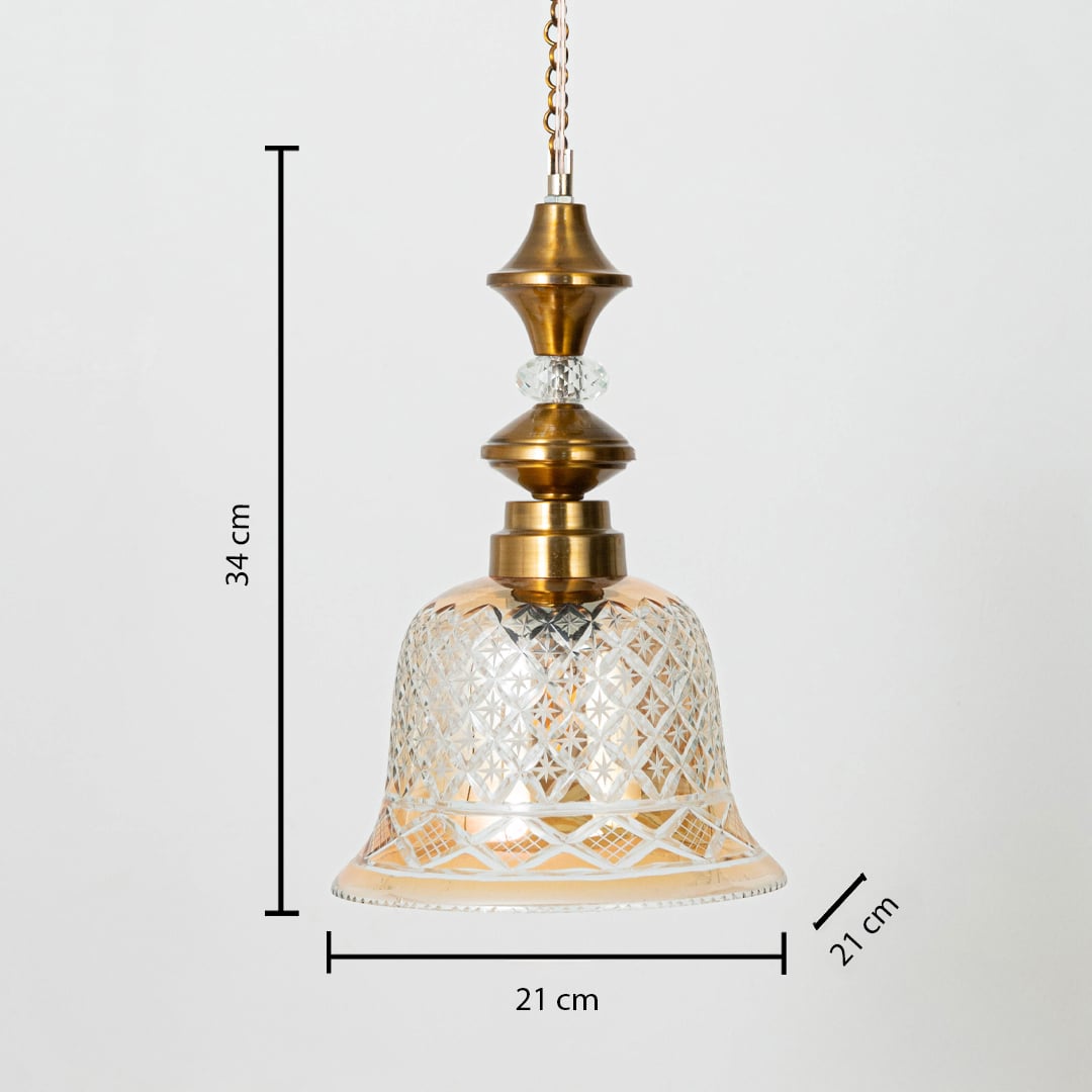 Clear patterned glass and brass pendant light dimension image with 21 cm width and 34 cm height for elegant dining placement.