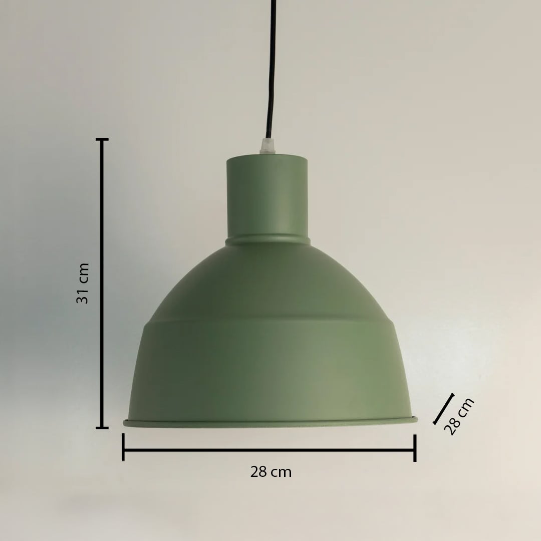 Matte green dome pendant light measuring 31 cm in height and 28 cm in diameter displayed with measurements on a white background for sizing.
