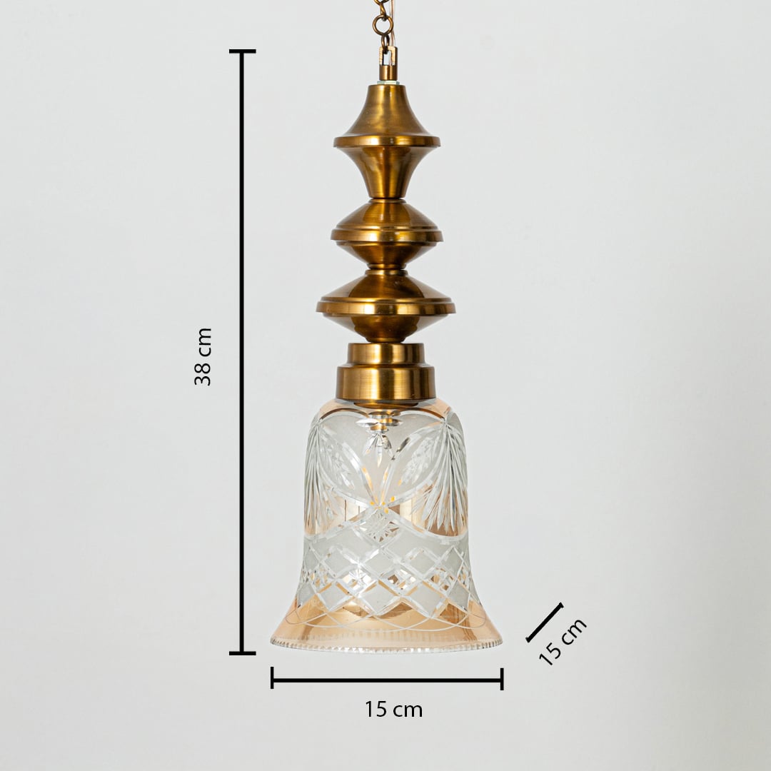 Pendant ceiling light with floral glass shade measuring 38 cm tall and 15 cm wide shown with size dimensions.