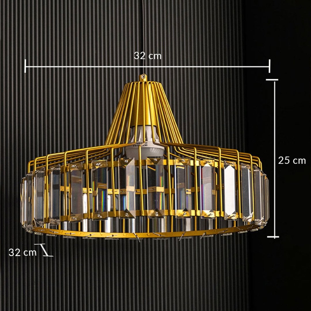 Table lamp chandelier shown with dimensions 32 cm width 25 cm height and 32 cm depth featuring a gold frame and crystal panels against a dark backdrop