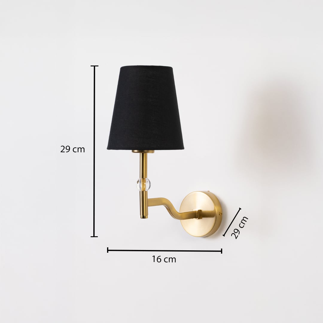 Gold metal wall light with black fabric shade shown with 29 cm height 16 cm width and 29 cm depth for accurate indoor wall placement.