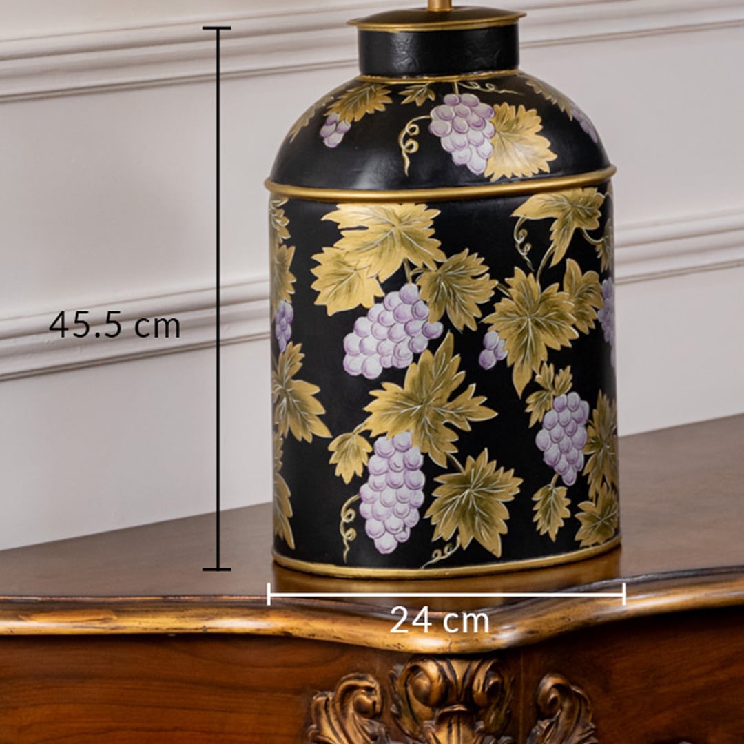 Table lamp dimension image highlighting dark ceramic base with floral pattern and accurate height and width markings.