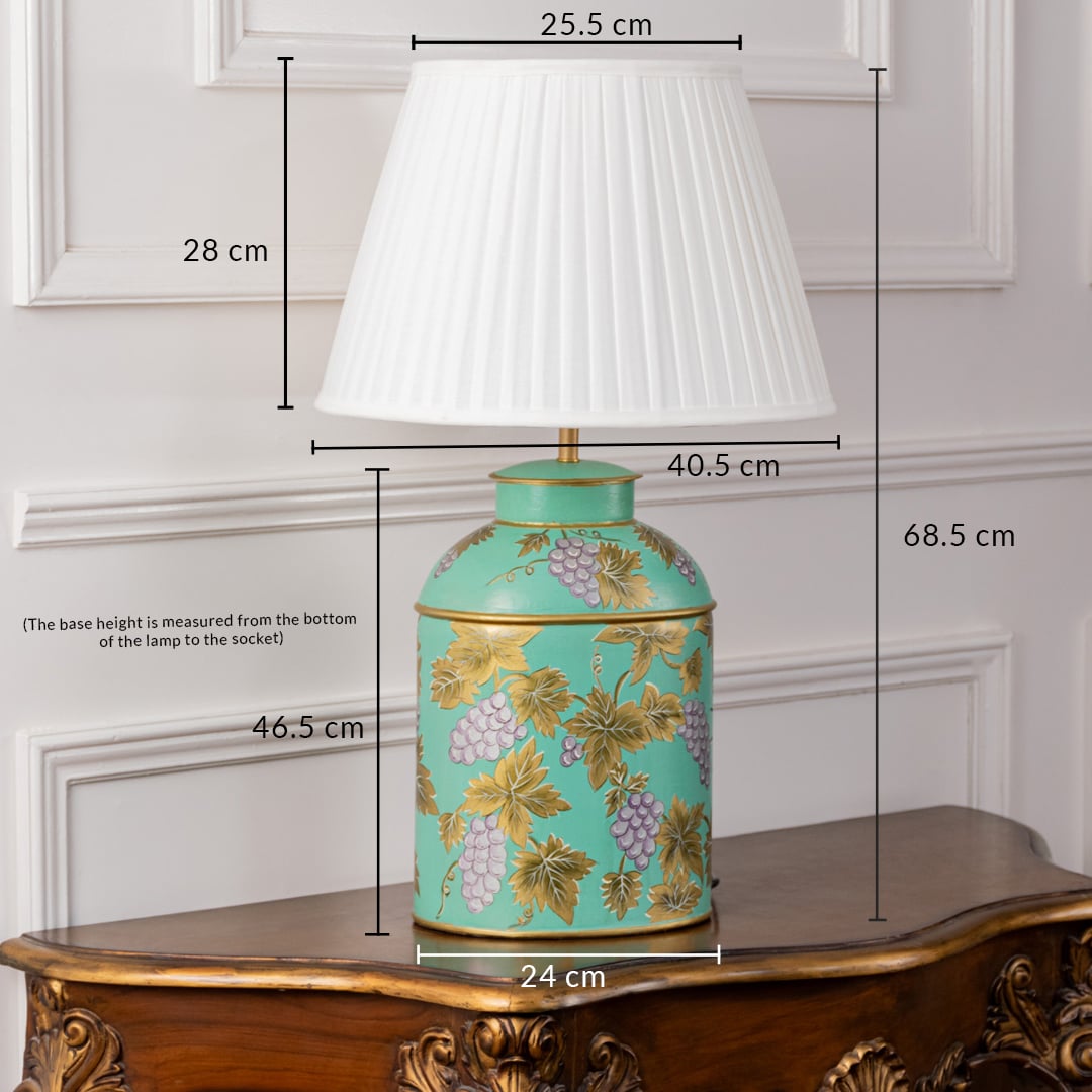 Palais mint green ceramic lamp with golden grape pattern and white pleated shade shown 68.5 cm tall perfect for consoles or bedside.