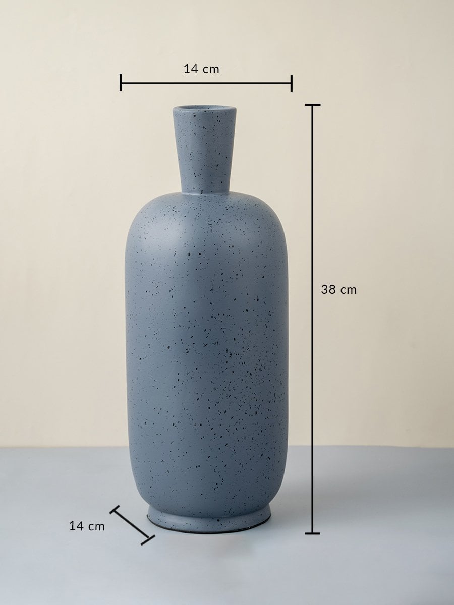 Grey ceramic vase with speckled texture 38 cm height and 14 cm width ideal for table placement and decor styling.