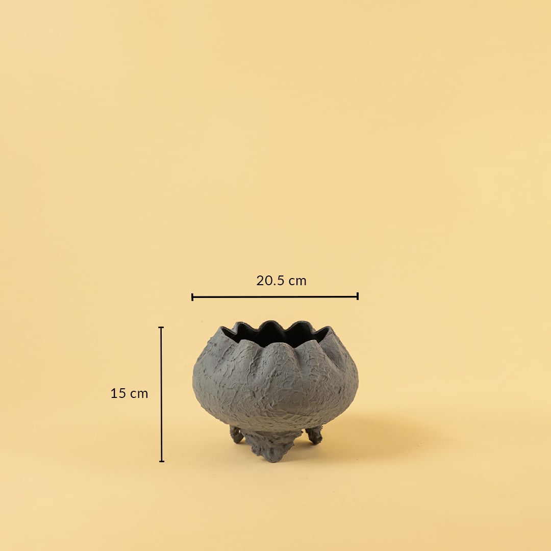 Grey metal scalloped bowl planter decor with width 20.5 cm and height 15 cm shown clearly for accurate size reference.