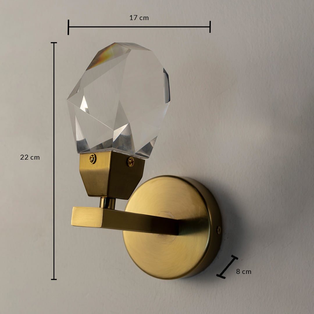 Crystal and gold wall light 22 cm tall 17 cm wide and 8 cm deep shown for size detail ideal for home lighting.