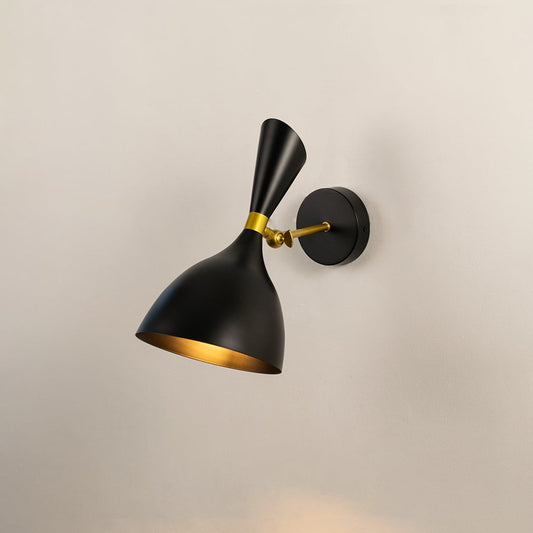 Modern black metal spotlight wall light with brass accents for elegant bedroom and hallway decor.