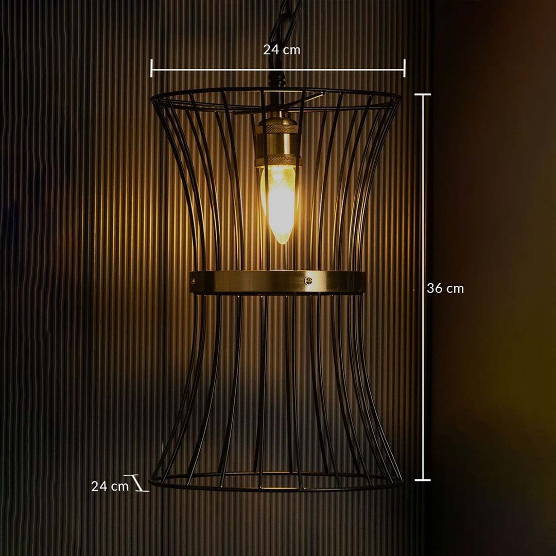 Black metal caged pendant light with brass ring showing measurements of 24 cm width 36 cm height and 24 cm depth displayed on a dark ribbed background.