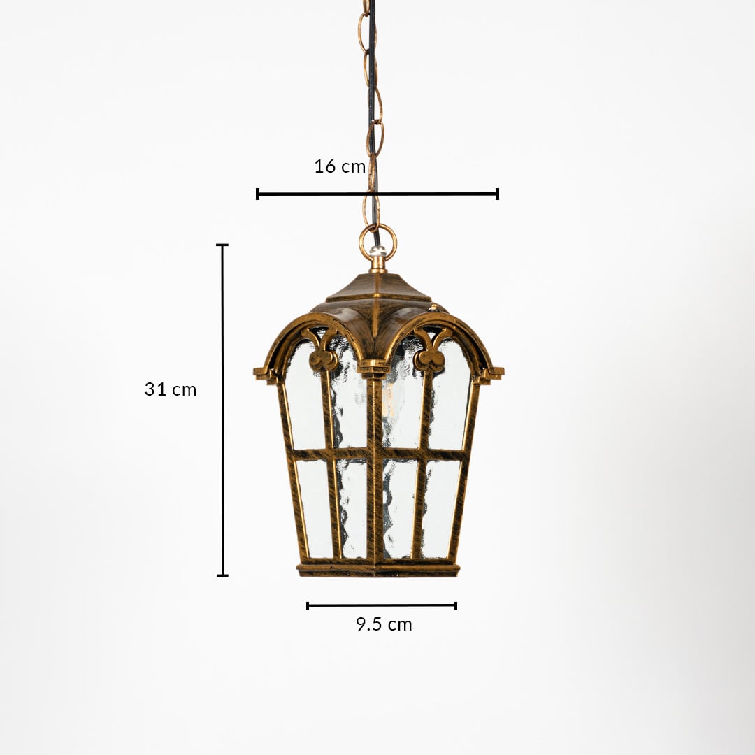 Vintage brass lantern light dimension image showing height 31 cm width 9.5 cm and top chain length 16 cm.